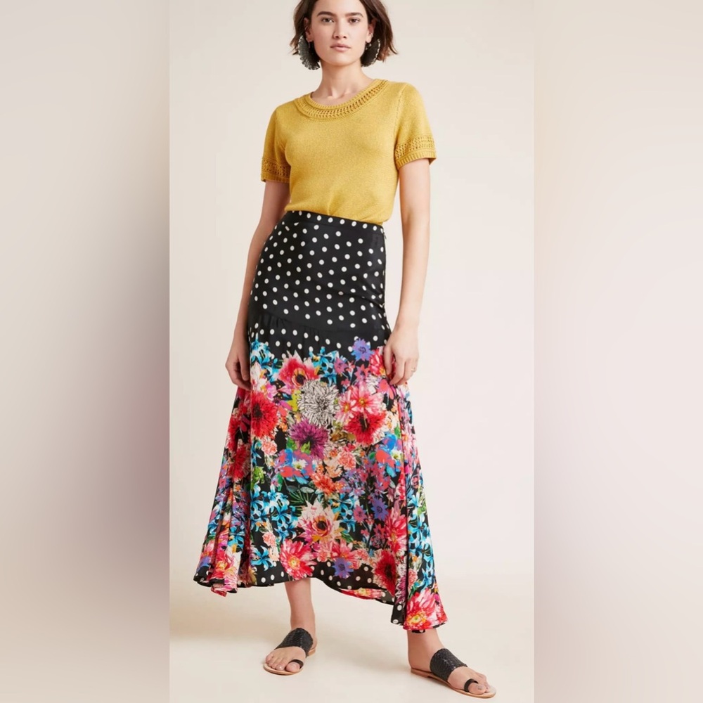 Tolani Anthropologie Black Polka Dot Maxi Skirt Multicolor Floral Border Small